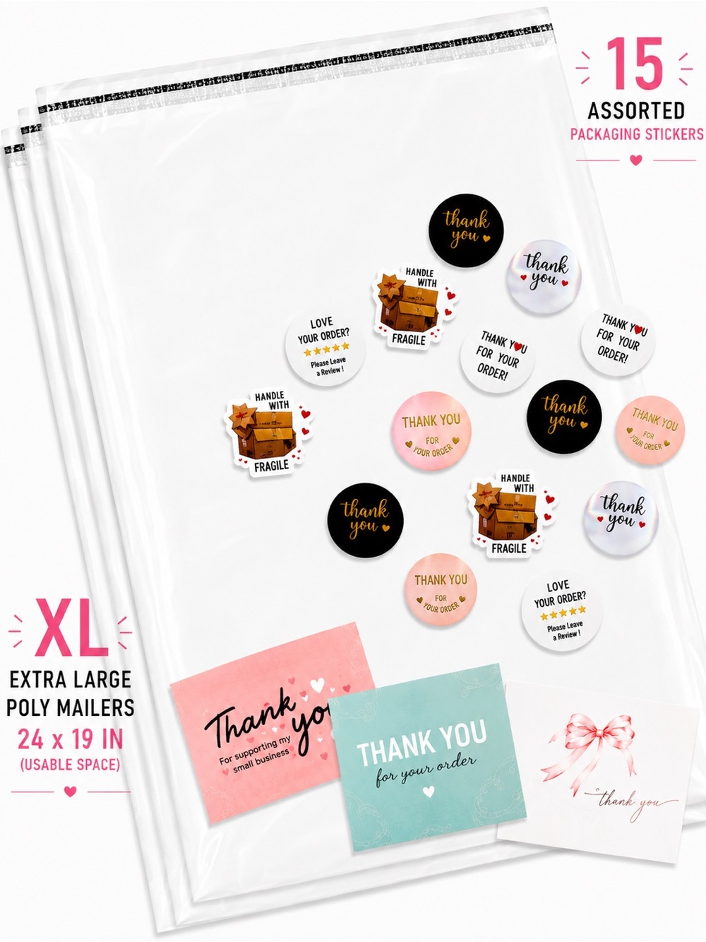 🆕 XL 10 White Strong Poly Mailers 24x19 + 3 Thank You Cards + 15 Stickers NWOT